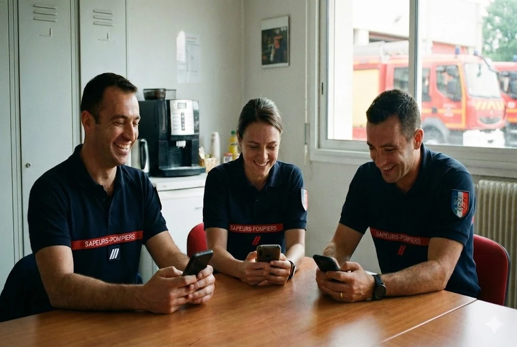 Trois sapeurs-pompiers en tenue de service, assis autour d'une table dans une caserne, téléphone en main