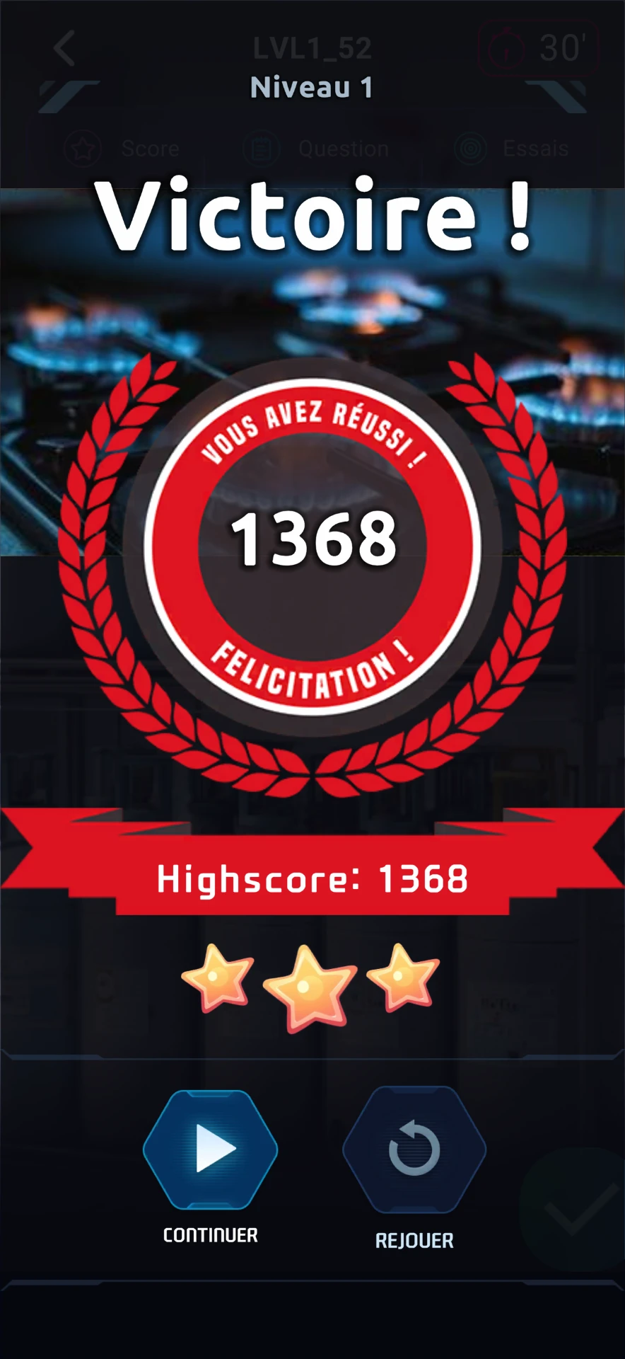 Écran de victoire de l'application QuizzLearn avec le score et les étoiles obtenues