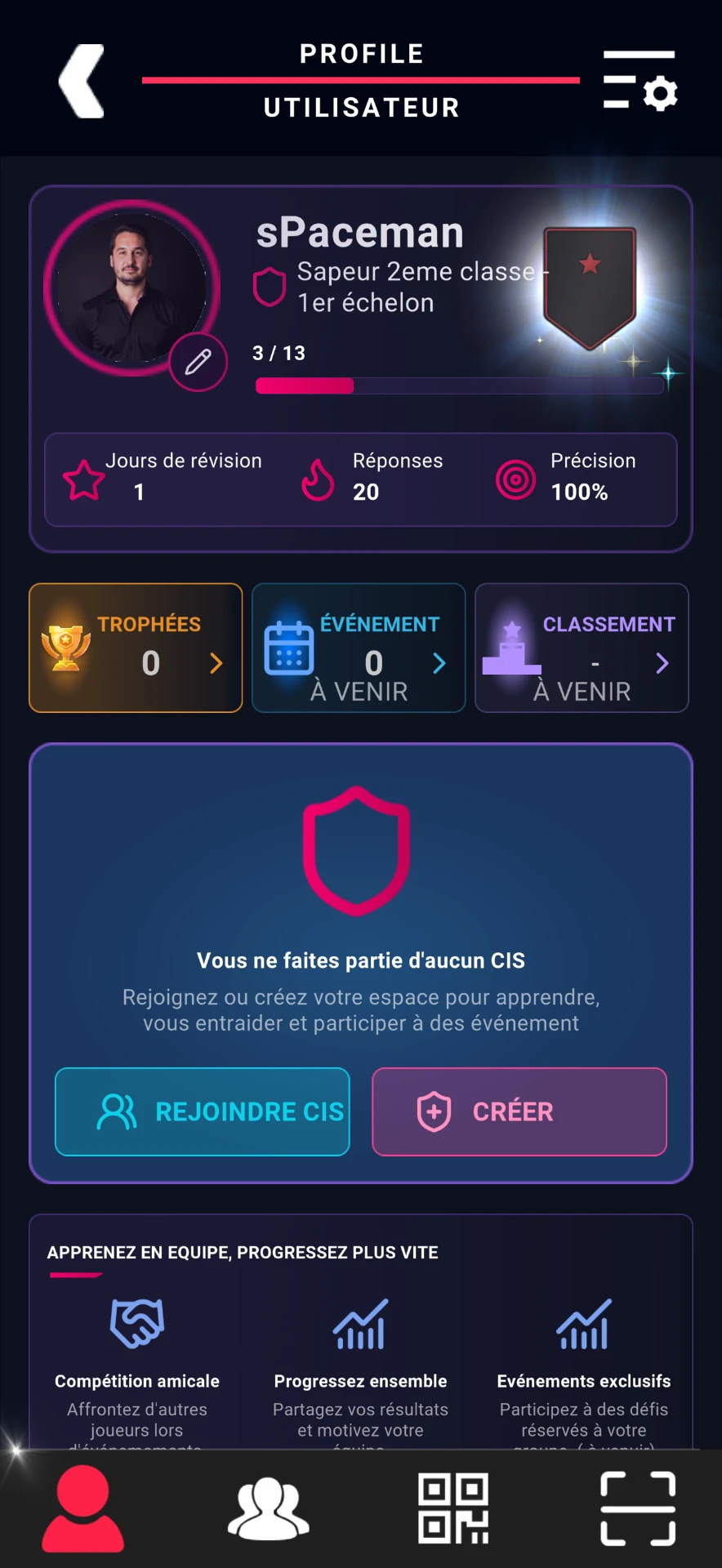 Écran de profil de l'application QuizzLearn : progression, trophées et centre de secours